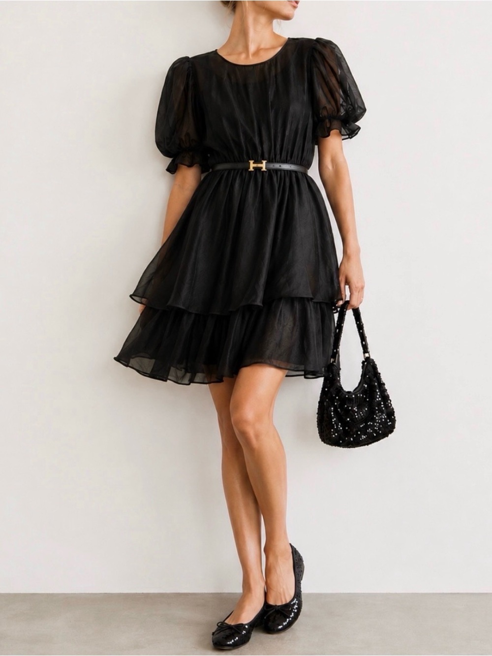 S’edge Black Puff-Sleeve Tiered Midi Dress